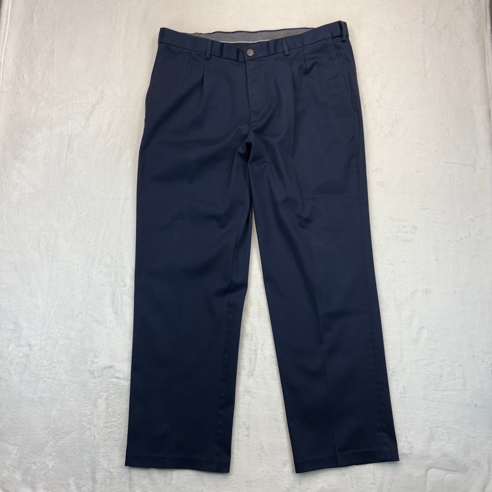 Haggar Mens Premium No Iron Khaki Classic Fit Pleated Navy Blue Pants 38x30